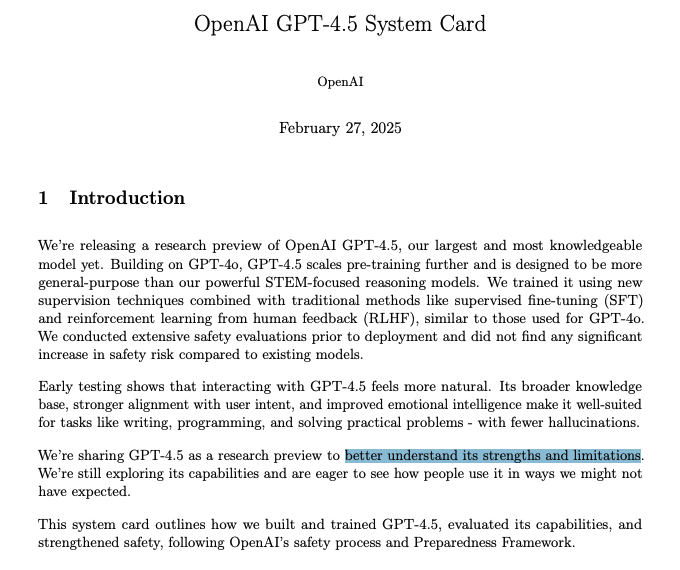 Title page of the GPT-4.5 system card, positioning it as a research preview.