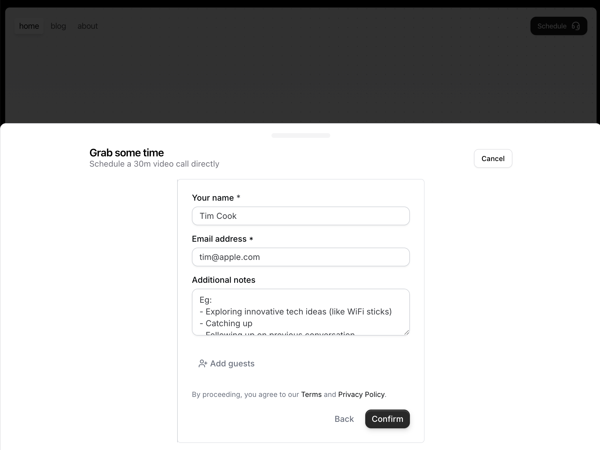 Recognizing returning visitors by prefilling their name and email in a booking form.