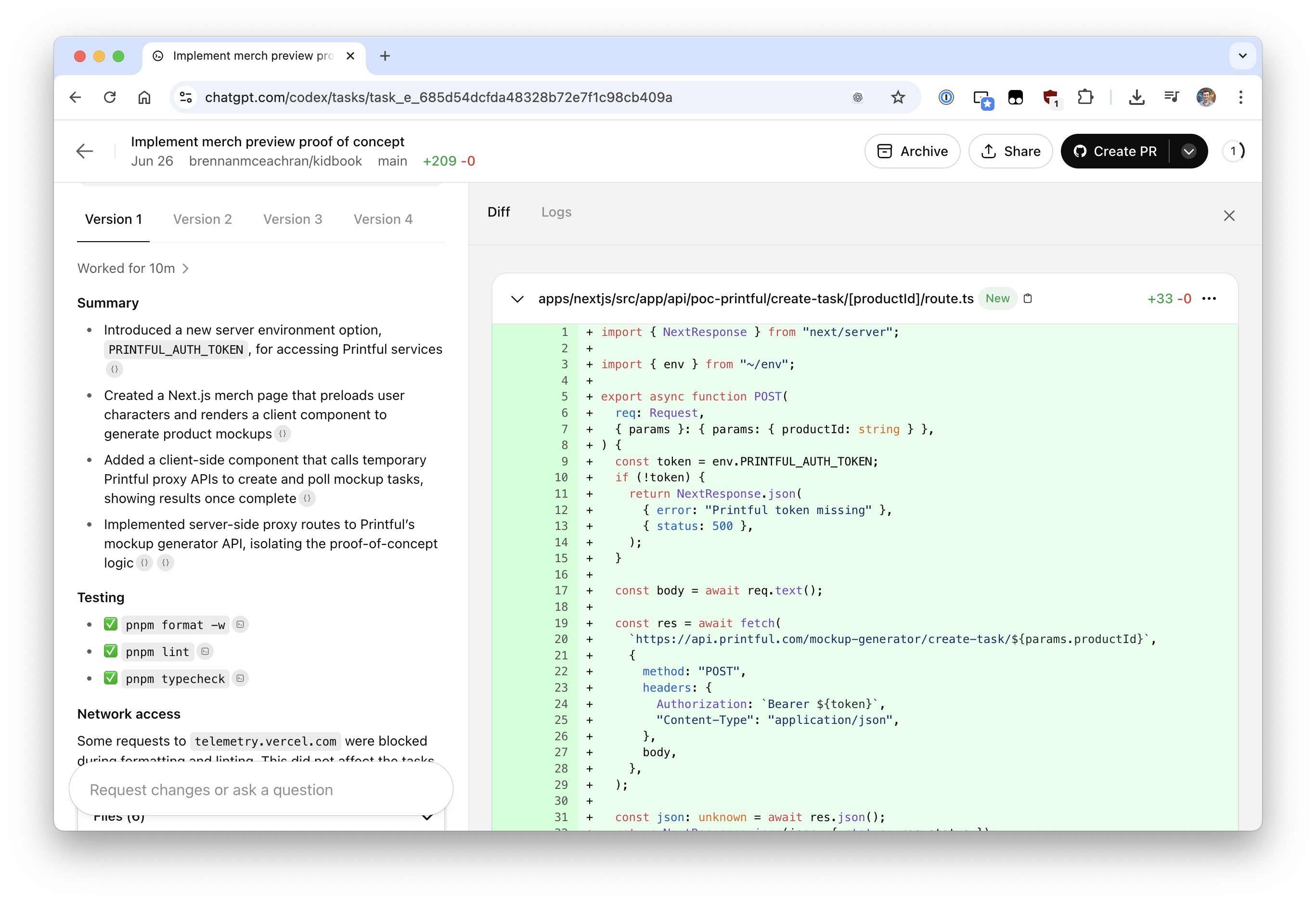 Screenshot of ChatGPT Codex showing a pending PR and summary of changes