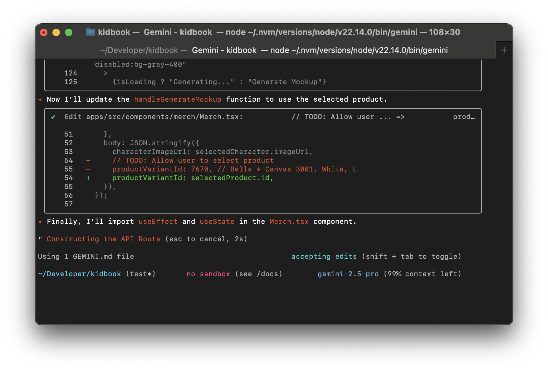 Screenshot of terminal with Gemini CLI generating code