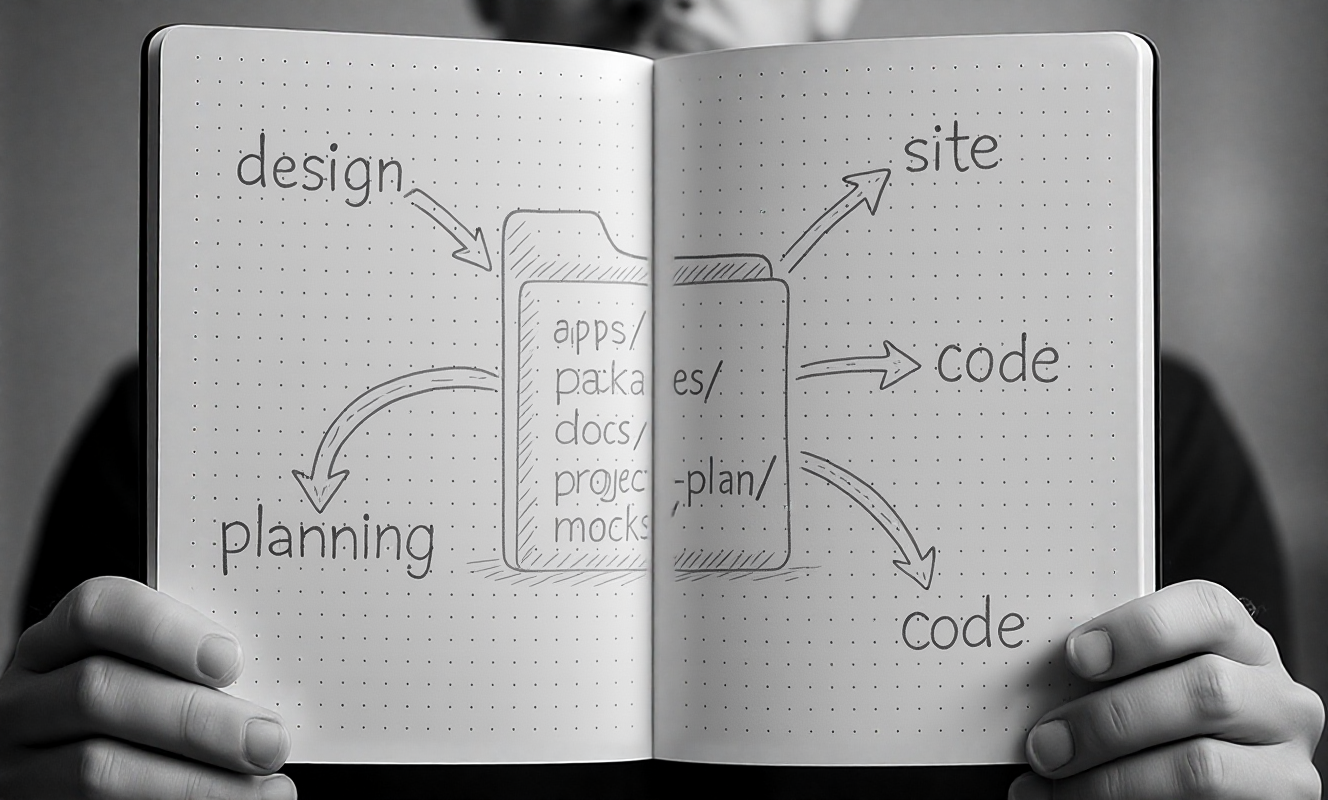 A single repo folder tree containing apps/, packages/, docs/, project-plan/, **mocks**/, with arrows labeled 'design', 'planning', 'site', 'code' converging into it