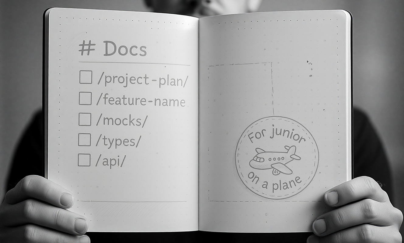 Markdown doc with checkboxes and file-path links; a sticker reads 'For a junior on a plane'