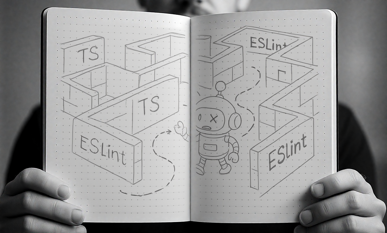 A maze with high walls made of TypeScript and ESLint blocks; an AI robot bumps into a wall, then reroutes