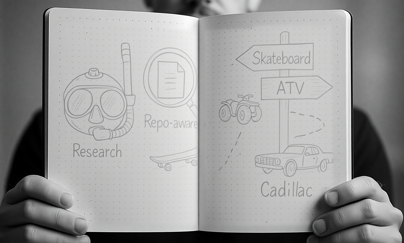 Sketch of a diver’s mask labeled 'Research', then a magnifying glass labeled 'Repo-aware', then a road sign with three milestones: Skateboard → ATV → Cadillac