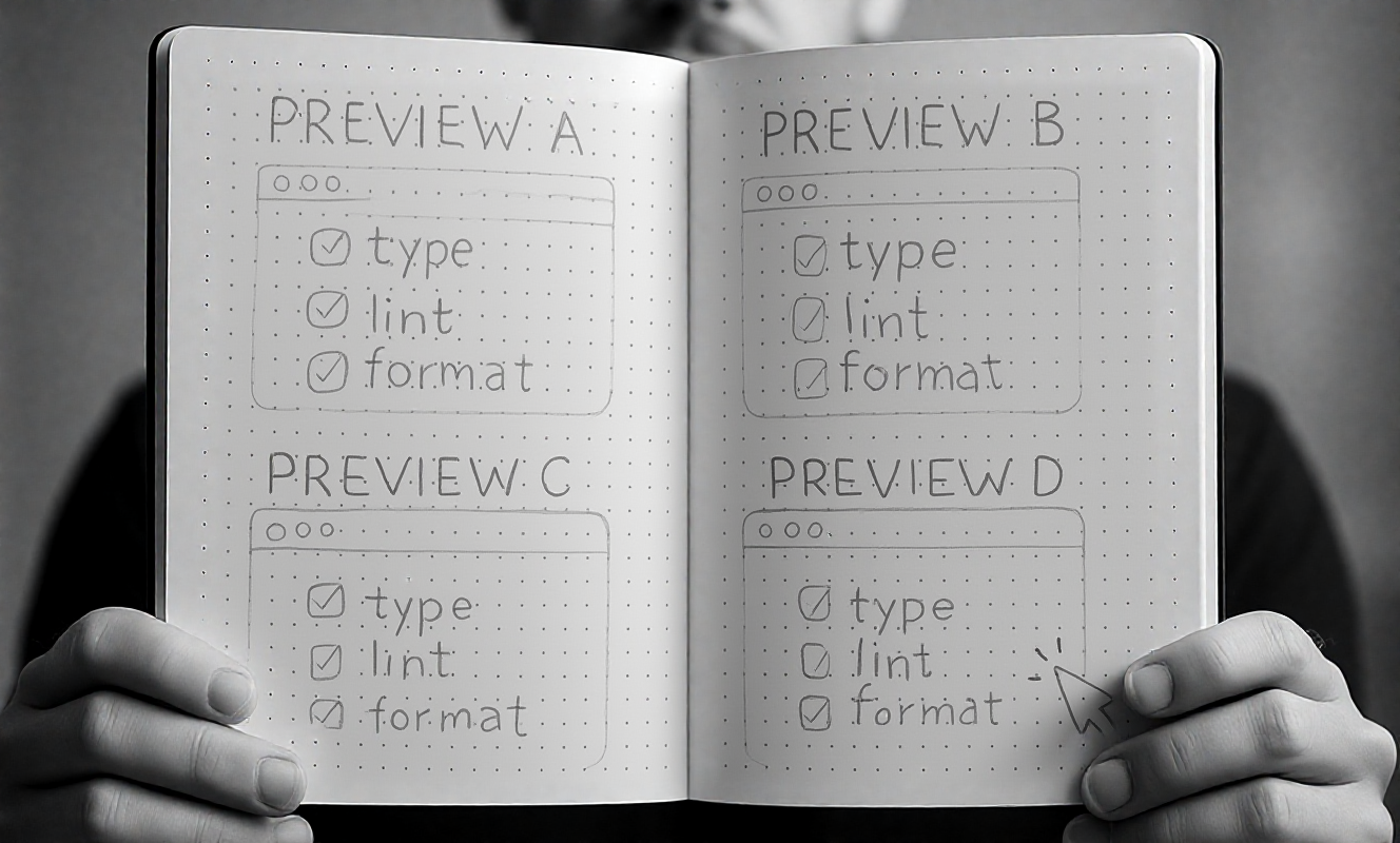 Four browser windows labeled Preview A/B/C/D with checkmarks next to type, lint, format; a cursor clicking the best one