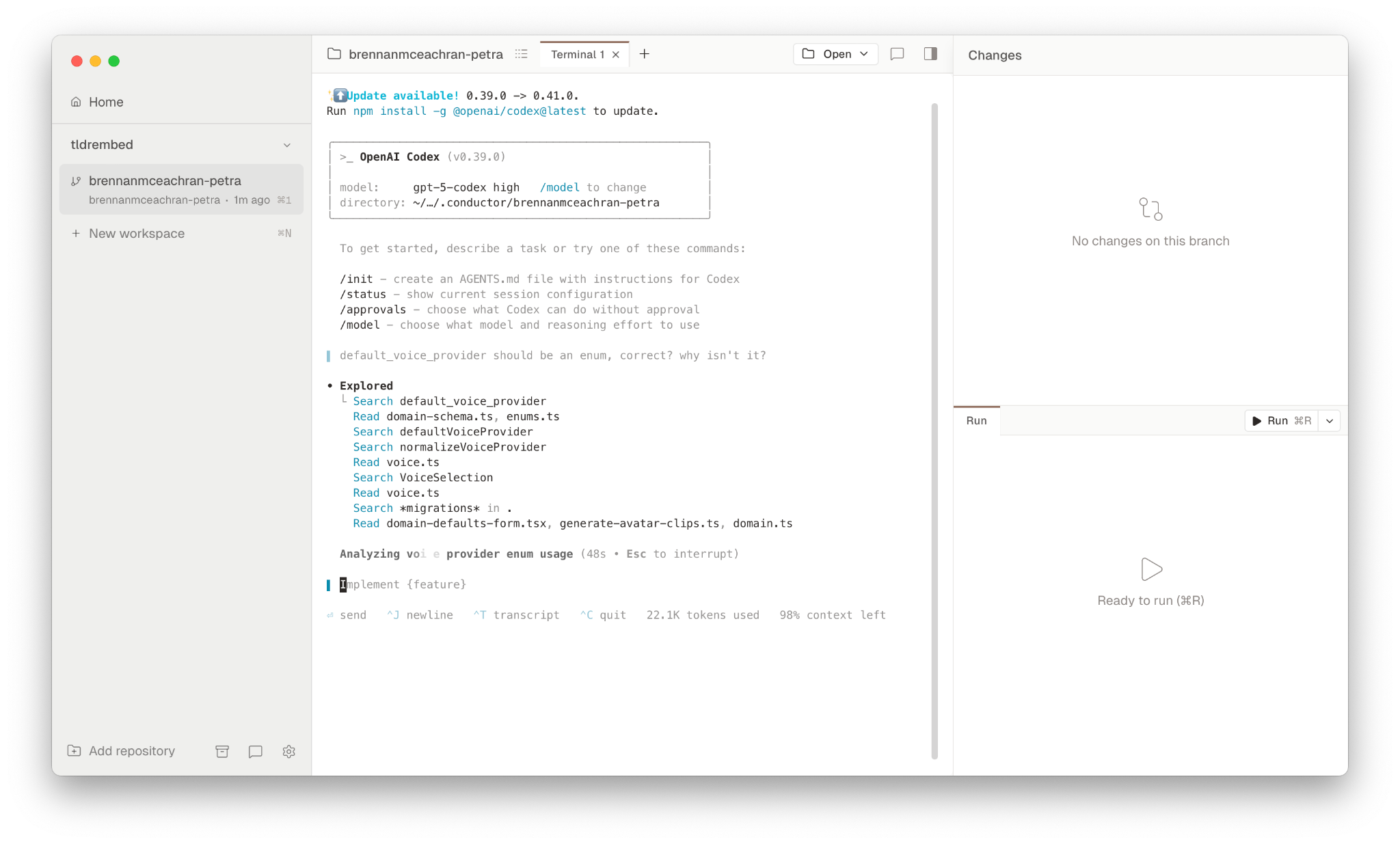 Conductor running multiple agent threads against one repo; logs and diff-first workflow visible.