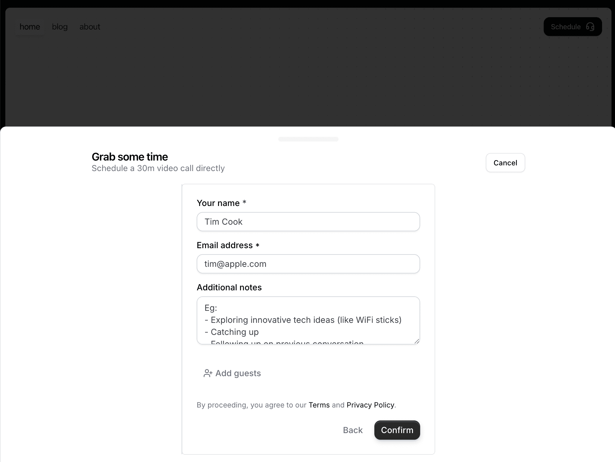 Recognizing returning visitors by prefilling their name and email in a booking form.