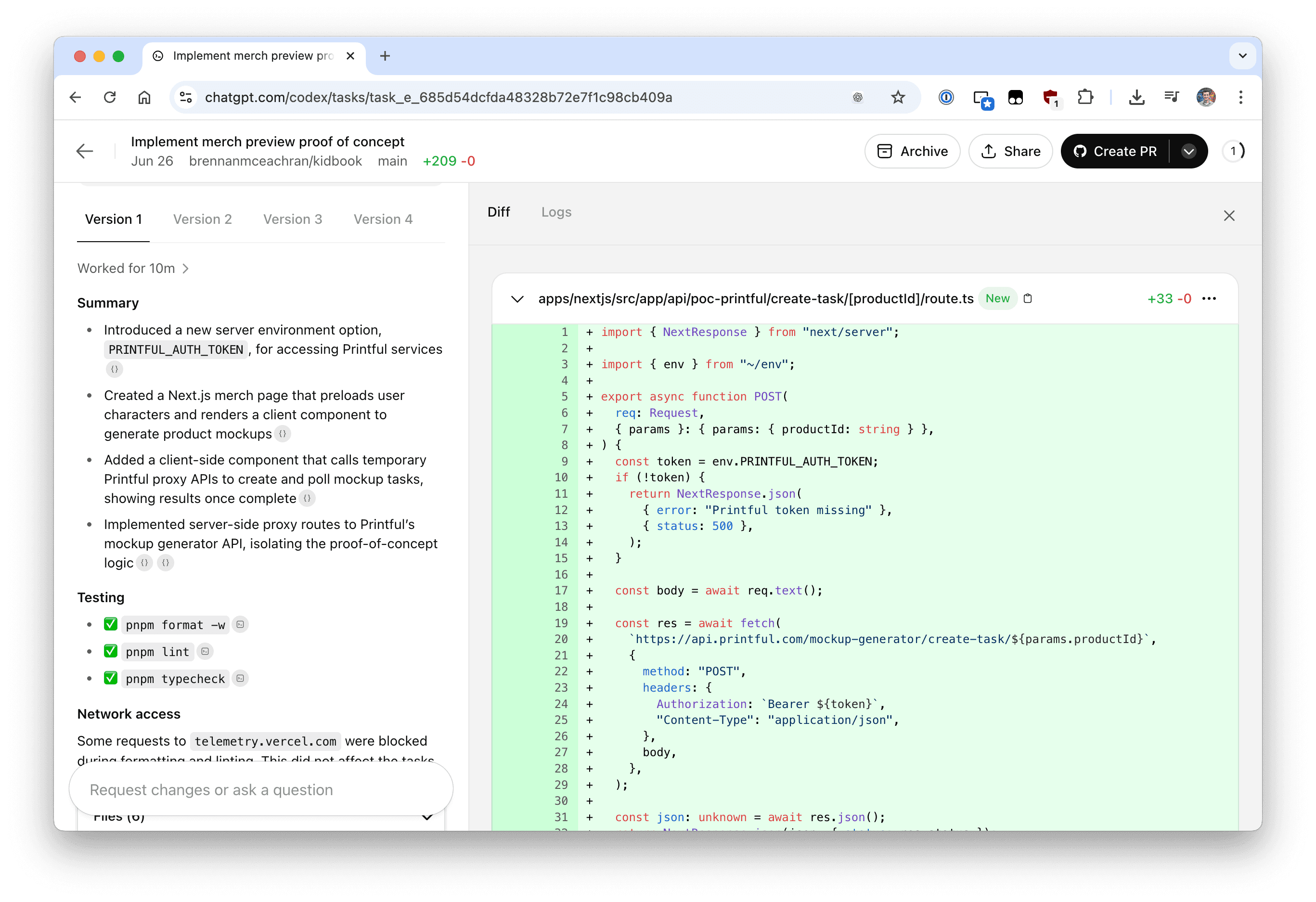Screenshot of ChatGPT Codex showing a pending PR and summary of changes