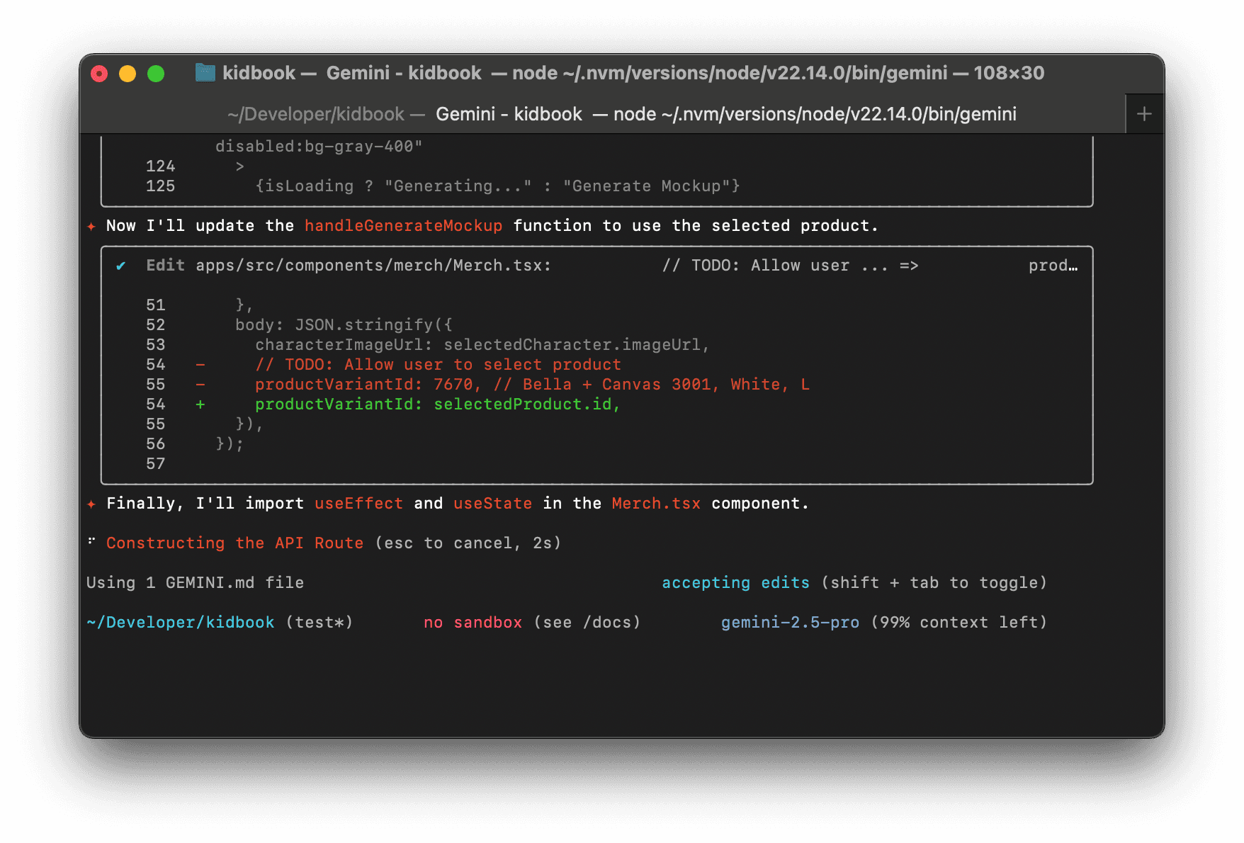 Screenshot of terminal with Gemini CLI generating code