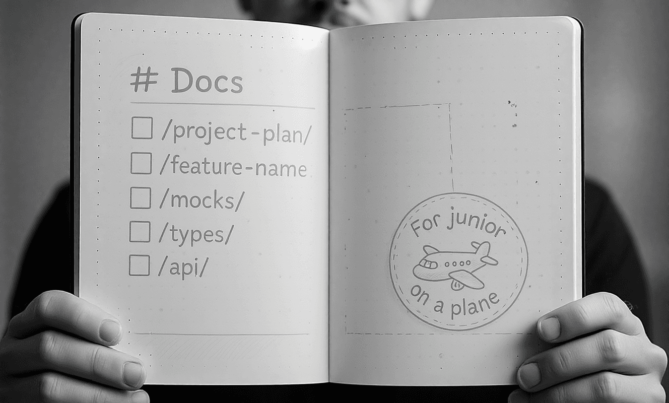 Markdown doc with checkboxes and file-path links; a sticker reads 'For a junior on a plane'
