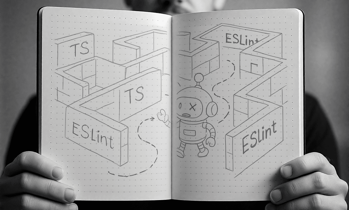 A maze with high walls made of TypeScript and ESLint blocks; an AI robot bumps into a wall, then reroutes