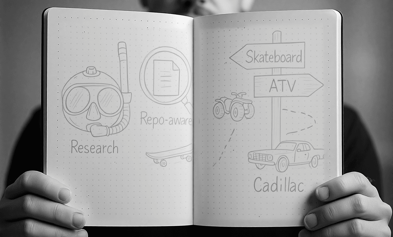 Sketch of a diver’s mask labeled 'Research', then a magnifying glass labeled 'Repo-aware', then a road sign with three milestones: Skateboard → ATV → Cadillac
