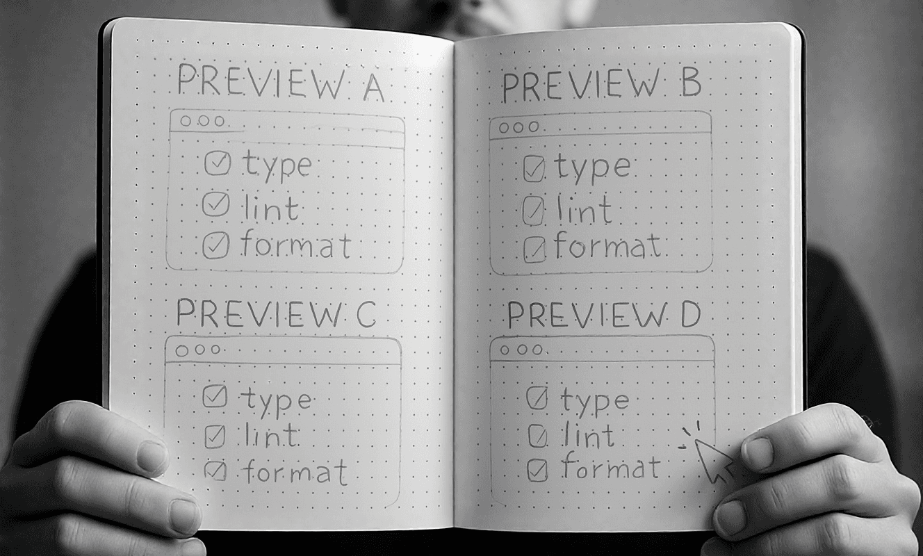 Four browser windows labeled Preview A/B/C/D with checkmarks next to type, lint, format; a cursor clicking the best one