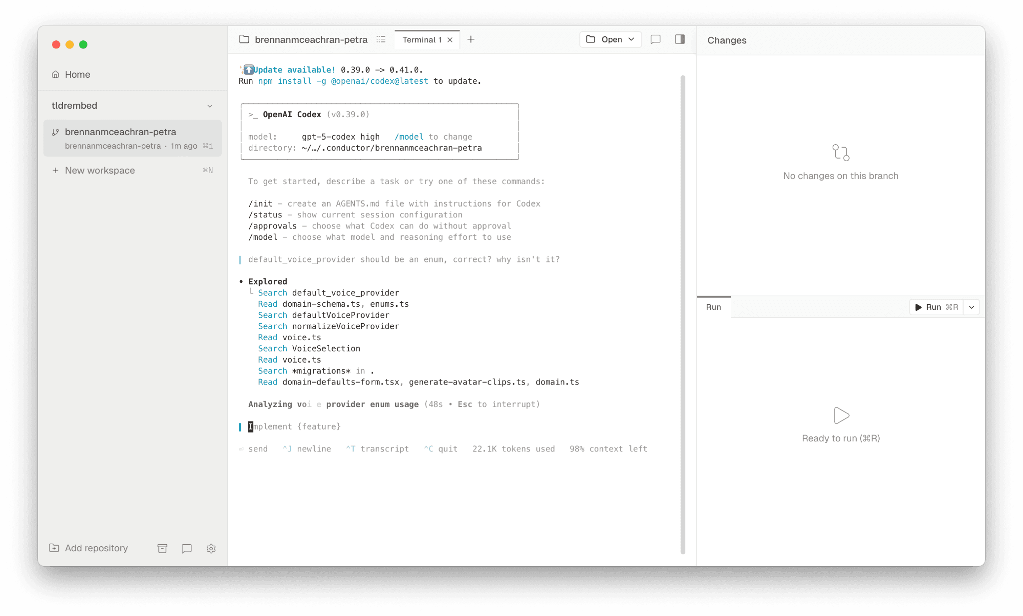 Conductor running multiple agent threads against one repo; logs and diff-first workflow visible.
