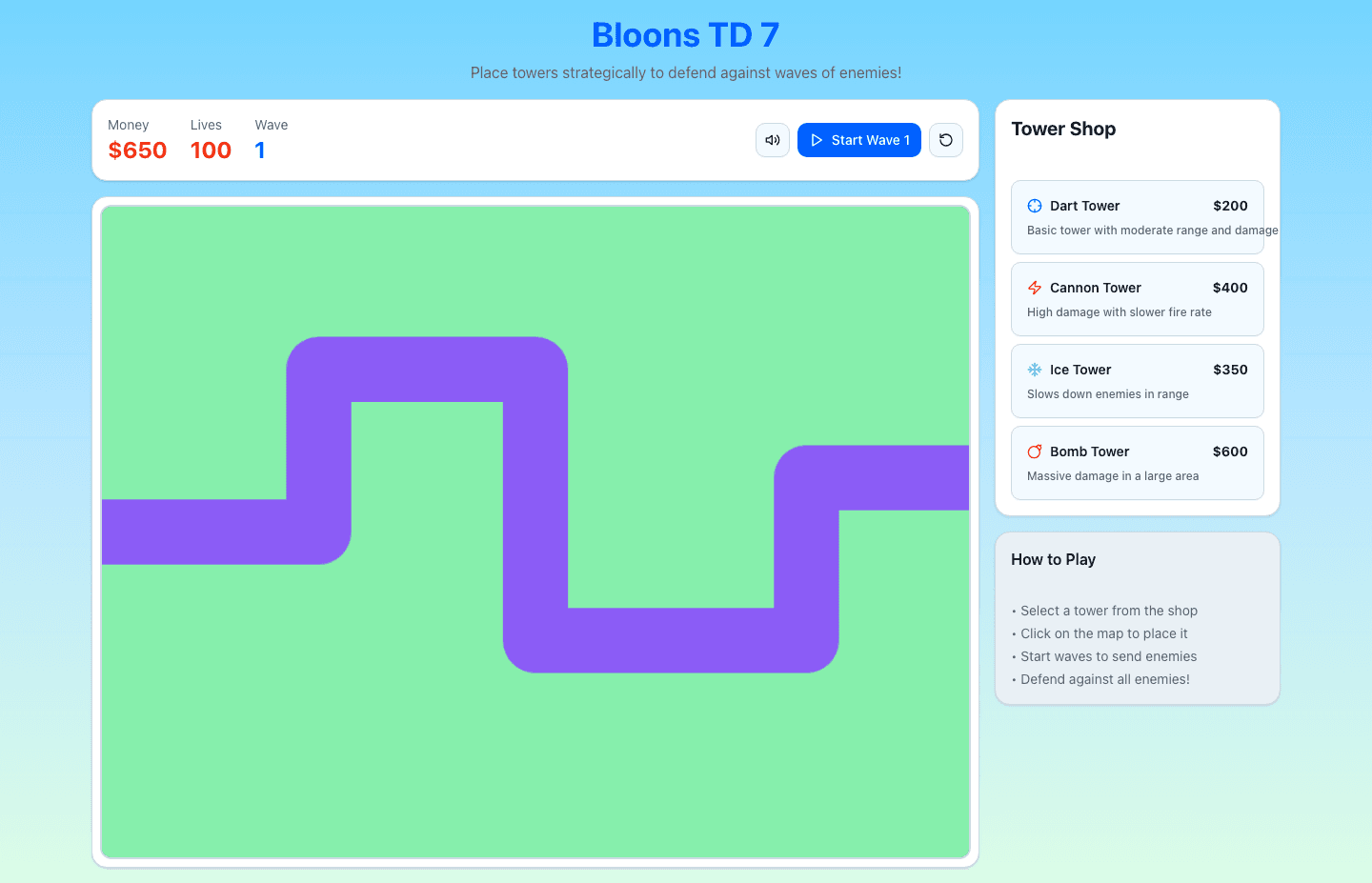 Screenshot of a tower defense game called Bloons TD 7 with a track map and a tower shop.