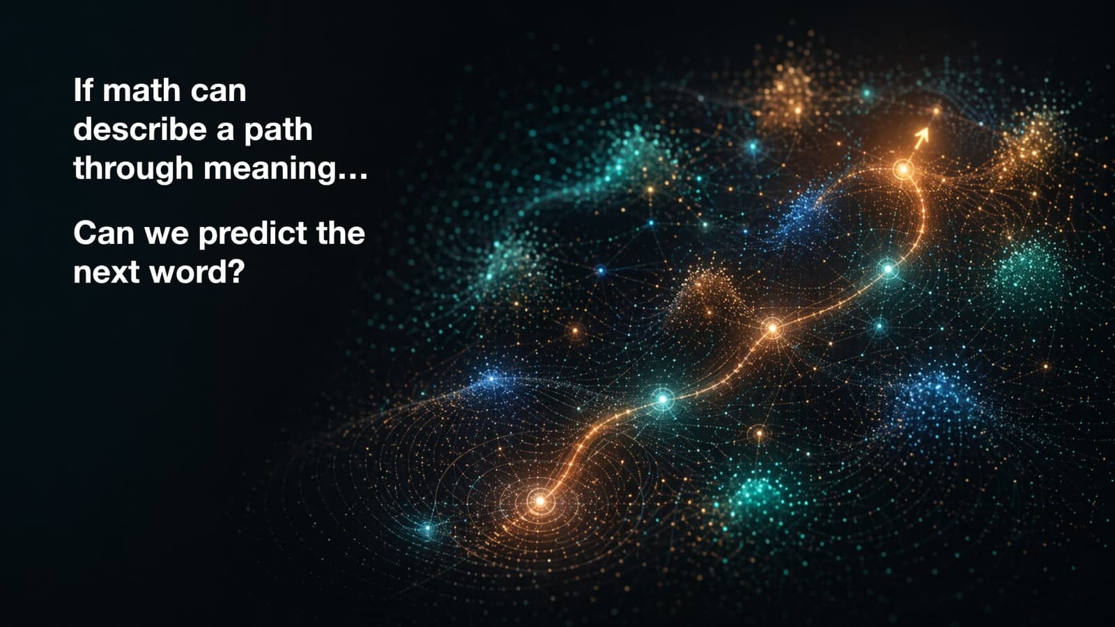 A slide asking if math can describe a path through meaning and predict the next word, with an abstract trajectory visual.